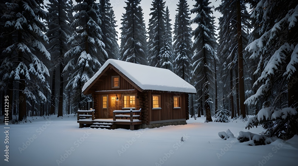 Charming log cabin in a snowy forest at sunset, warm glowing lights, serene winter landscape. generative.ai Charming log cabin in a snowy forest at sunset, warm glowing lights, serene winter landscape. generative.ai