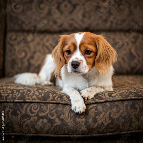A Cavalier King Charles Spaniel dog relaxes elegantly on the sofa.
