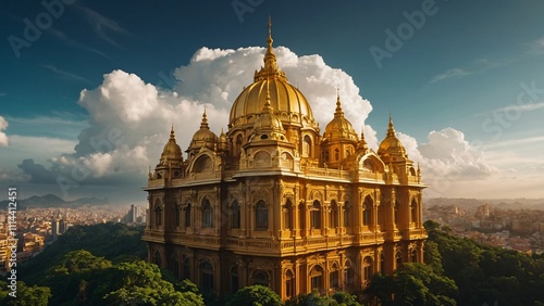 a serene and majestic golden cityscape floating in the clouds