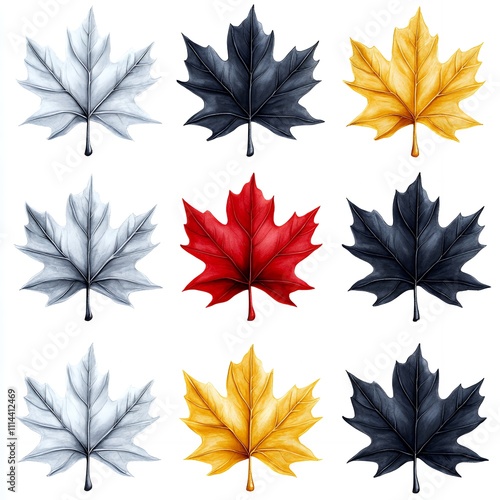 Collection of nine maple leaves in various colors. photo