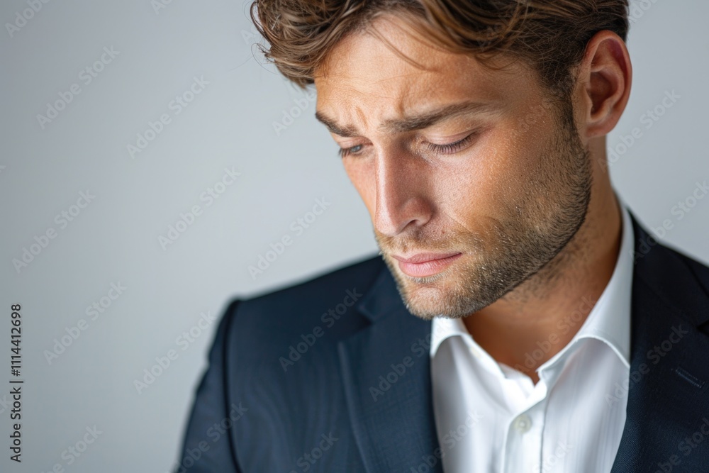 A businessman looks down at his tie, possibly checking the knot or adjusting its position A businessman looks down at his tie, possibly checking the knot or adjusting its position