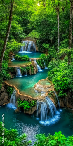 A serene tropical waterfall cascading through multiple tiers, surrounded by vibrant green foliage in a tranquil forest setting