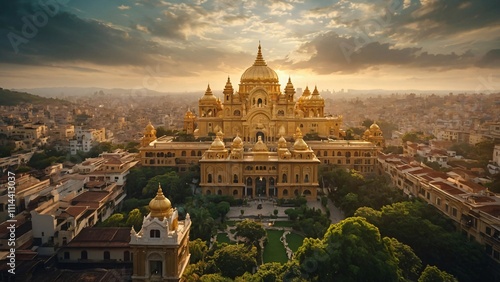 a serene and majestic golden cityscape floating in the clouds