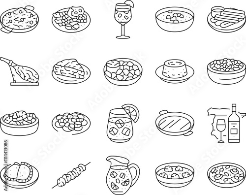 spanish cuisine food paella tapas icons set vector. spain dish, plate meat, traditional gourmet, restaurant mediterranean, tortilla spanish cuisine food paella tapas black contour illustrations