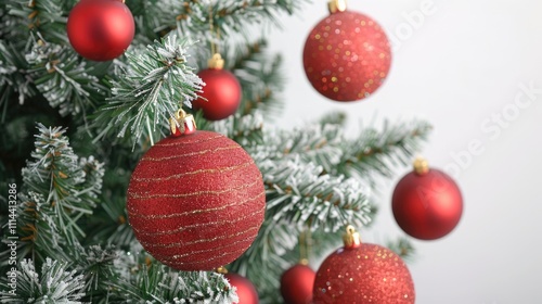 A red glass ball hangs from a decorated Christmas tree branch