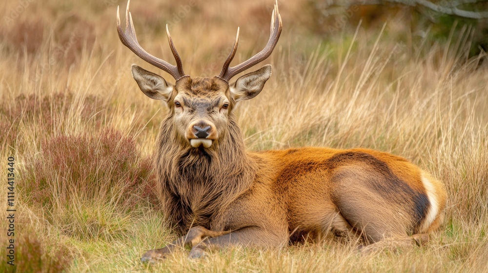 Fototapeta premium Majestic red deer stag lying in autumnal grassland, looking directly at the camera.