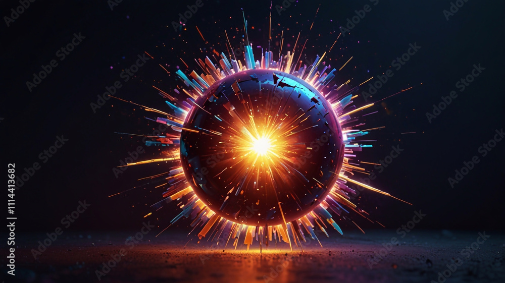 A dazzling explosion of vibrant light and color, featuring sharp, prismatic beams radiating from a central glowing point, creating an abstract, futuristic energy burst on a dark background A dazzling explosion of vibrant light and color, featuring sharp, prismatic beams radiating from a central glowing point, creating an abstract, futuristic energy burst on a dark background