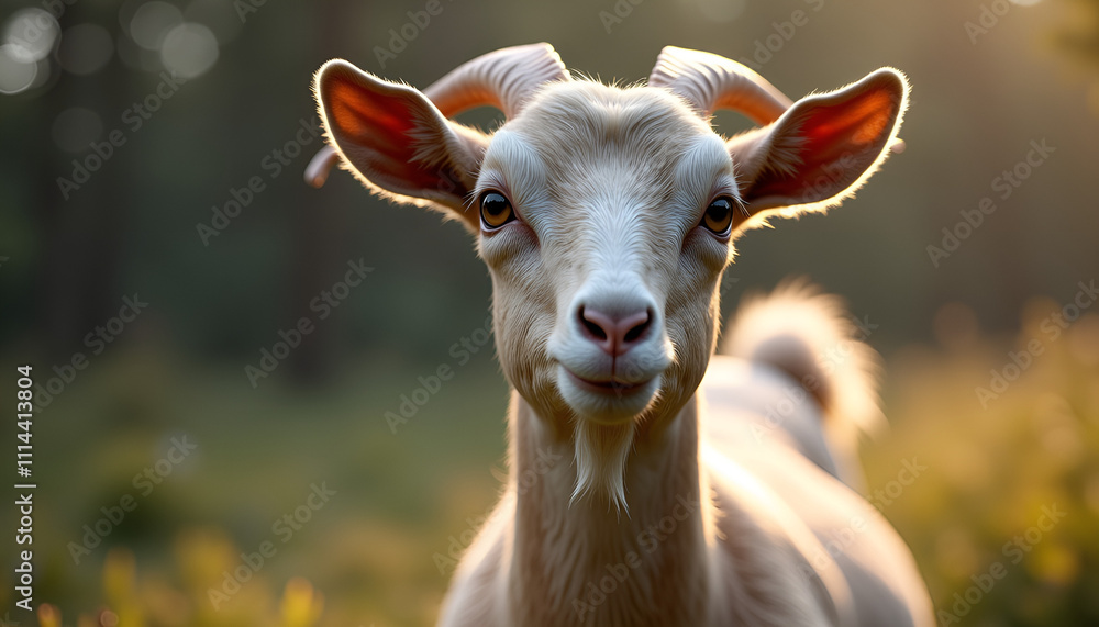 Fototapeta premium Photorealistic portrait of a goat showcasing ultra-realism with cinematic color grading in a natural setting