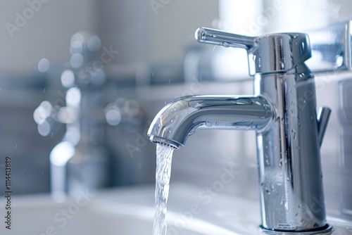 A close-up shot of a faucet with clear blue water flowing out