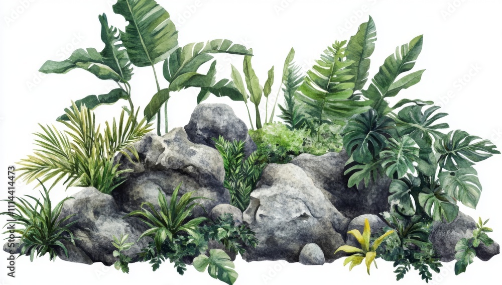 Fototapeta premium Tropical foliage and stone arrangements in garden setting, isolated on white background. Ideal for interior design, landscaping, and nature themes.