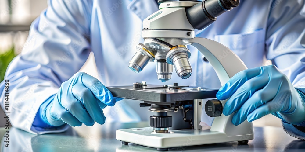 Microscopy Scientist with Gloves Using a Microscope Microscopy Scientist with Gloves Using a Microscope