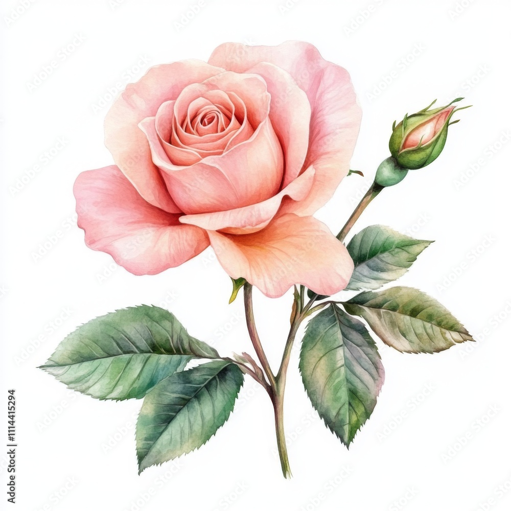 Fototapeta premium Watercolor Rose Illustration on White Background, Evenly Spaced, High-Quality