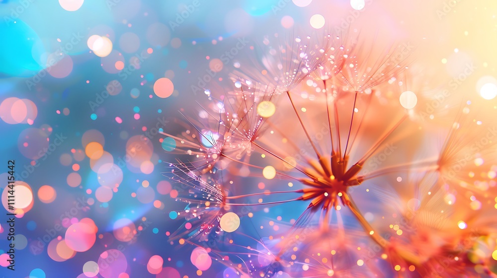 Fototapeta premium Dandelion seeds showing dew drops on dreamy colorful background