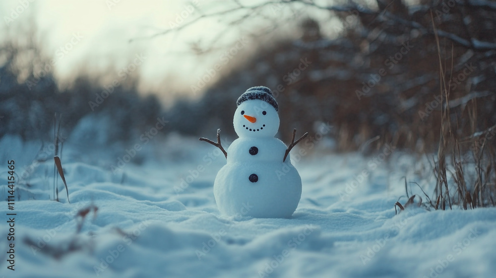 Obraz premium Snowman stands proudly in a winter landscape surrounded by snow and trees