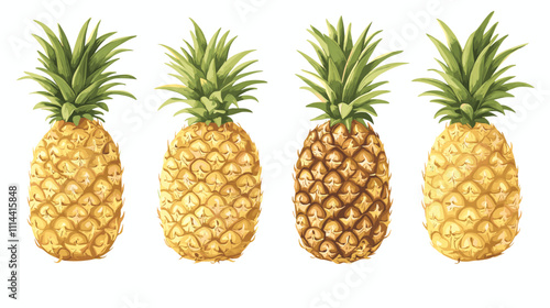 Set of pineapple ananas clipart isolated on white background. Fruit watercolor vector illustration of pineapples