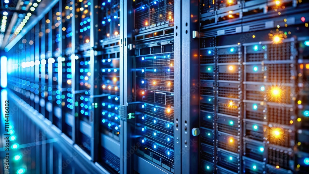 Data Center Glow Deep Blue and Amber Server Racks, Network Concept Data Center Glow Deep Blue and Amber Server Racks, Network Concept
