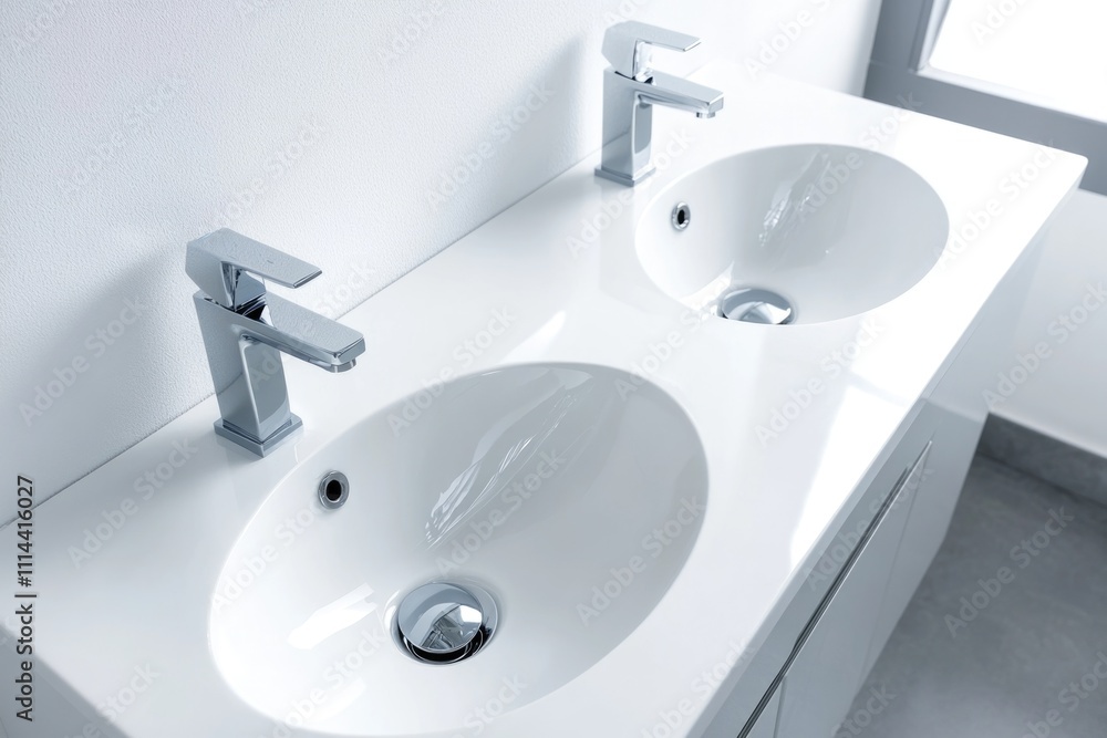 Fototapeta premium A modern bathroom with two sinks and a window, perfect for a small apartment or office
