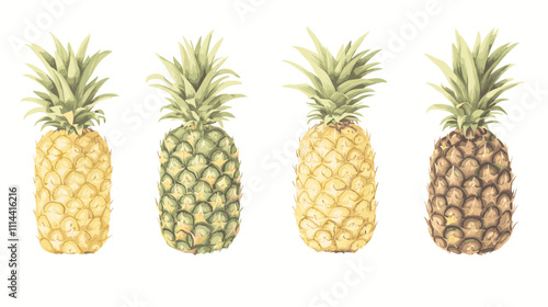Set of pineapple ananas clipart isolated on white background. Fruit watercolor vector illustration of pineapples