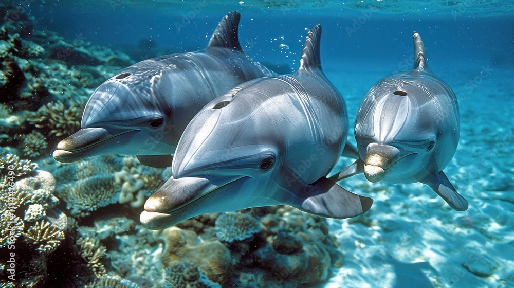 Naklejka premium Three dolphins swim near coral reef underwater.