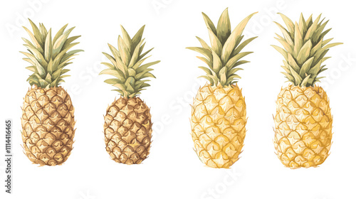 Set of pineapple ananas clipart isolated on white background. Fruit watercolor vector illustration of pineapples