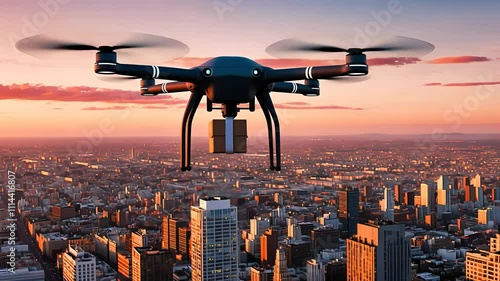 Delivery Drone Flying Over Cityscape at Sunset

 photo