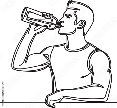 Line Drawing of Athletic Man Hydrating with Energy Drink