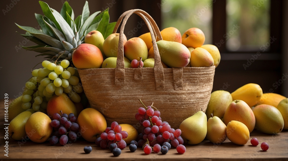 Fresh Fruits in a Basket on a Table Fresh Fruits in a Basket on a Table