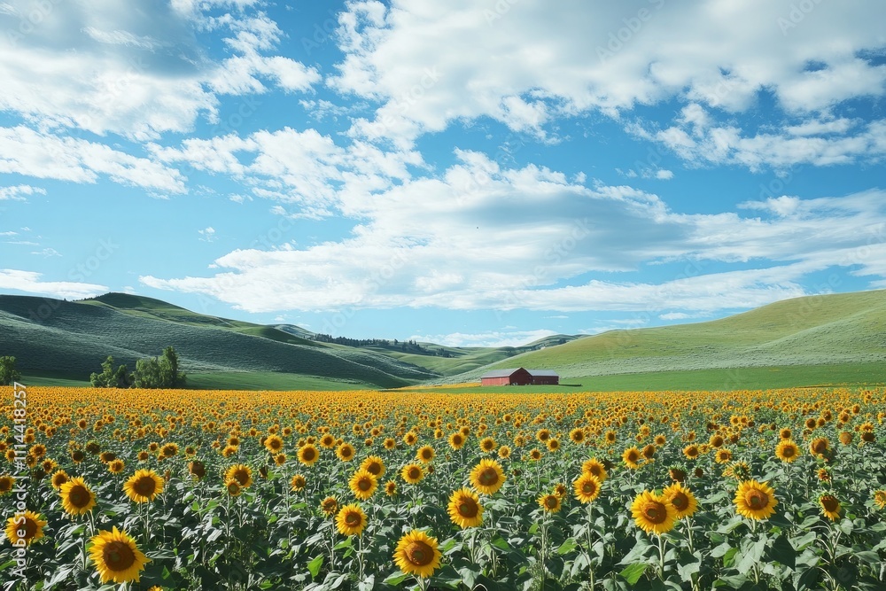 Vibrant sunflower field under a clear blue sky. Generative AI