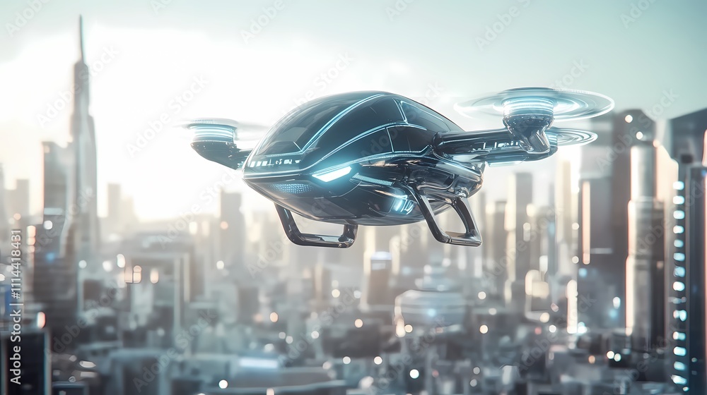 Naklejka premium A futuristic drone hovering above a modern cityscape, showcasing advanced technology in a vibrant urban setting.