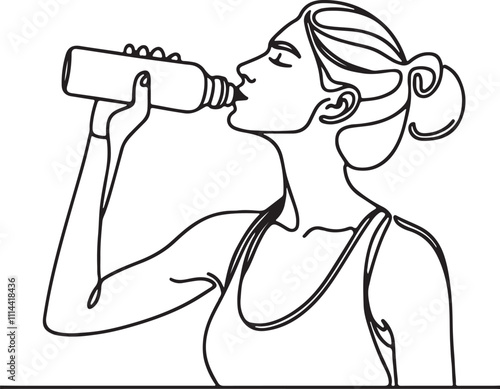 Dynamic Line Drawing of a Sporty Woman Hydrating with an Energy Drink