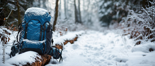 blue backpack rests on snowy trail surrounded by trees, evoking sense of adventure and exploration in nature