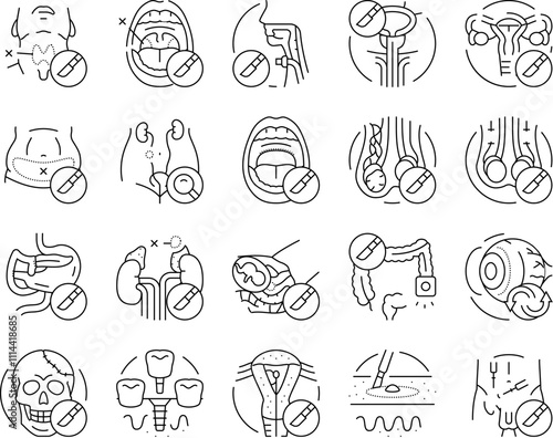 surgery health medical skin icons set vector. beauty surgical, disease treatment, pharmacy breast, face cosmetic, surgeon, stroke surgery health medical skin black contour illustrations