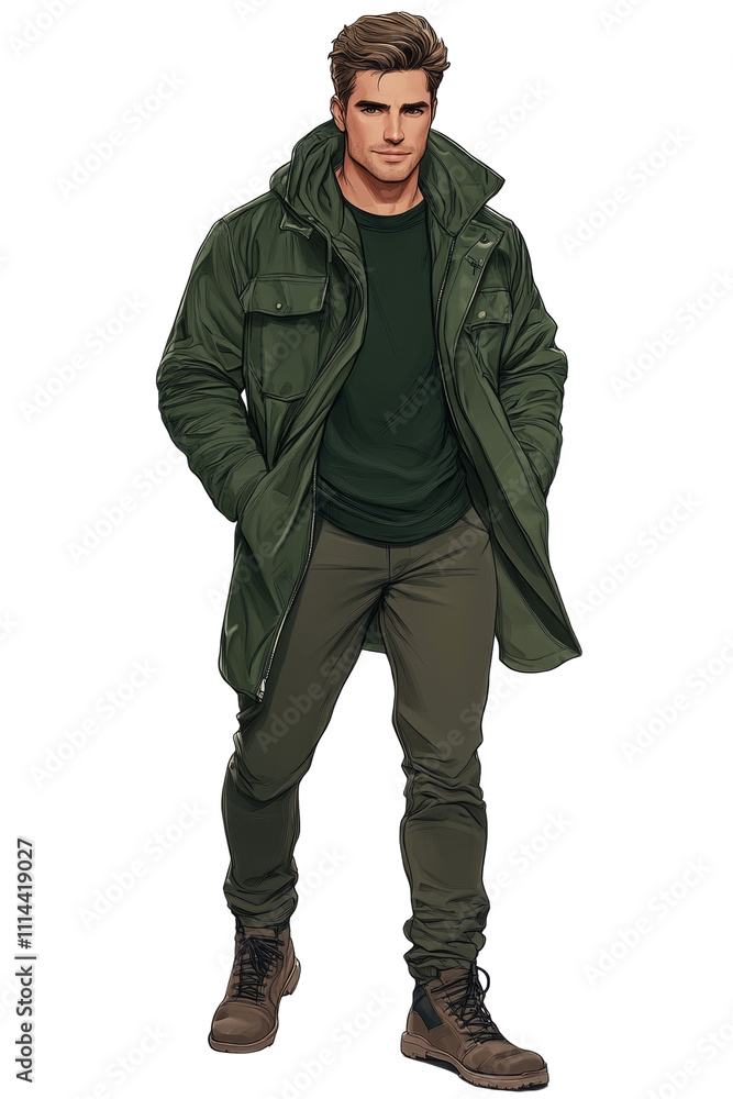 Modern male character dressed in casual outdoor attire showcasing confidence and style in urban setting Modern male character dressed in casual outdoor attire showcasing confidence and style in urban setting