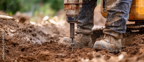 A detailed view of a construction worker using a pneumatic drill to excavate soil for a foundation at a residential construction site, Residential foundation excavation scene photo