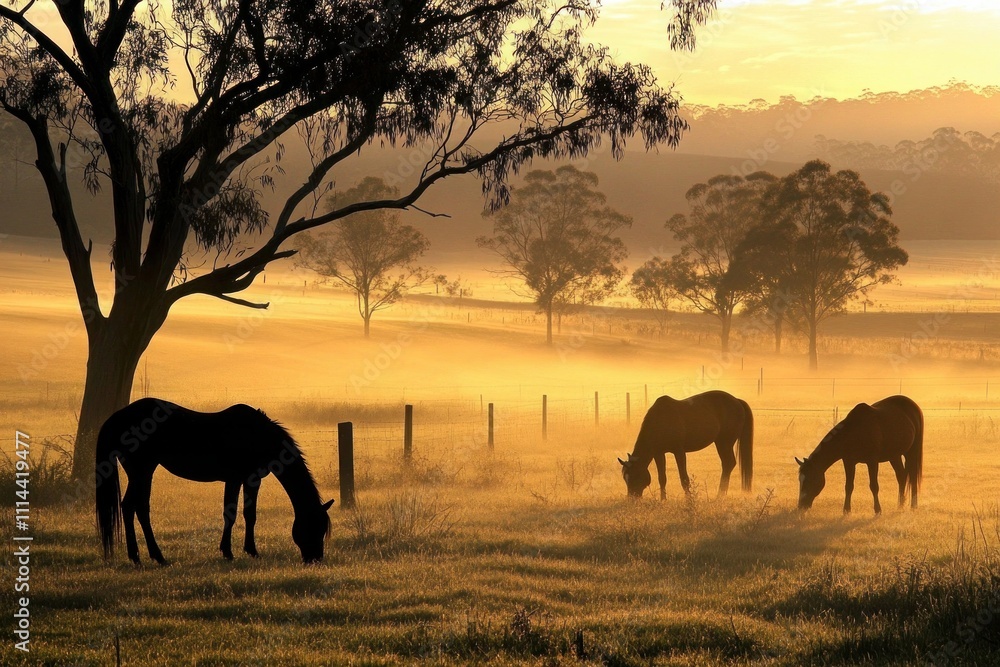 Fototapeta premium Horses enjoy morning grazing amidst misty fields and trees