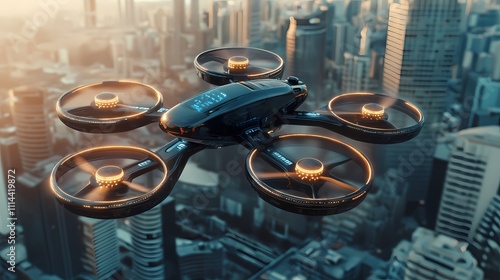 A sleek black drone with glowing propellers flying over a modern city skyline at sunset. photo