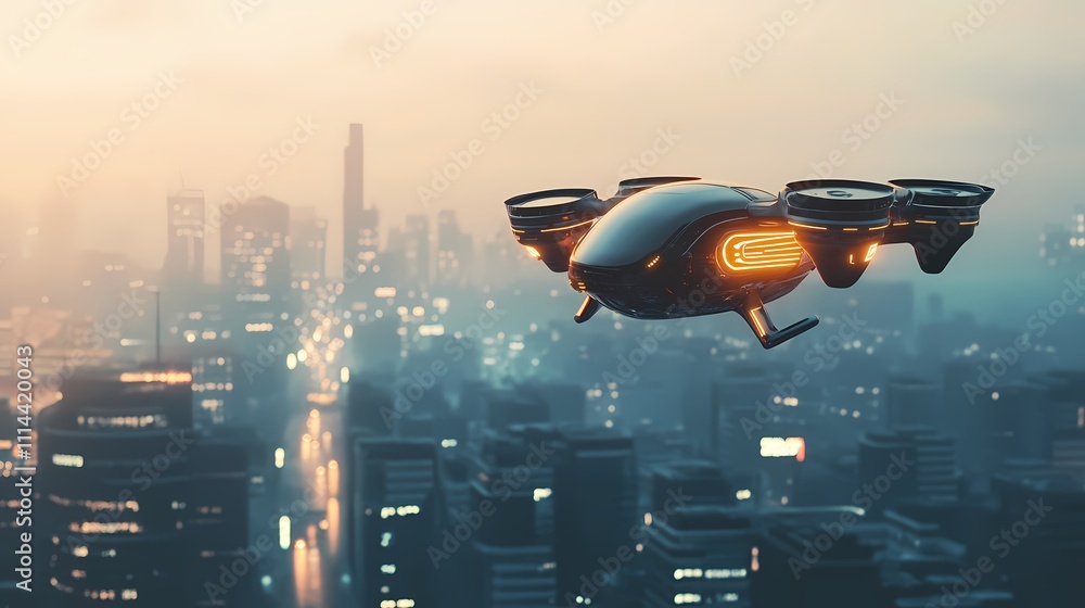 A sleek, futuristic drone hovers over a vibrant city skyline at dusk, illuminated by city lights. A sleek, futuristic drone hovers over a vibrant city skyline at dusk, illuminated by city lights.
