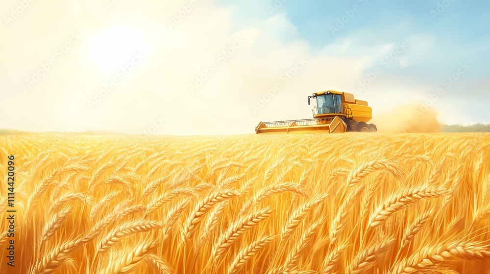 Fototapeta premium A bright and sunny day as a yellow combine harvester cuts through golden wheat fields.
