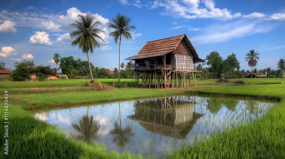 Stilt House Reflecting in Tranquil Rice Paddy Stilt House Reflecting in Tranquil Rice Paddy