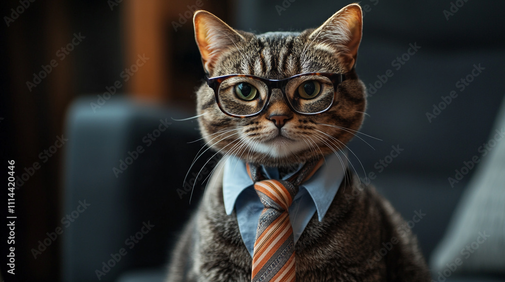 Cat dressed in formal attire with glasses, showcasing a professional look at home Cat dressed in formal attire with glasses, showcasing a professional look at home