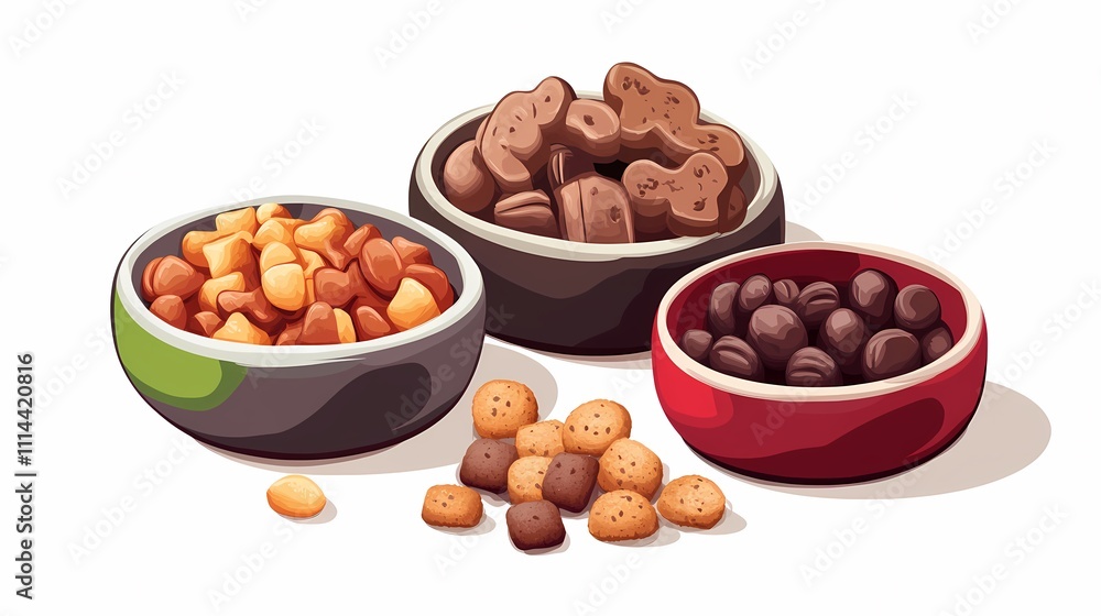 Three stylish bowls filled with an assortment of dog treats in vibrant colors, showcasing a variety of flavors. Three stylish bowls filled with an assortment of dog treats in vibrant colors, showcasing a variety of flavors.