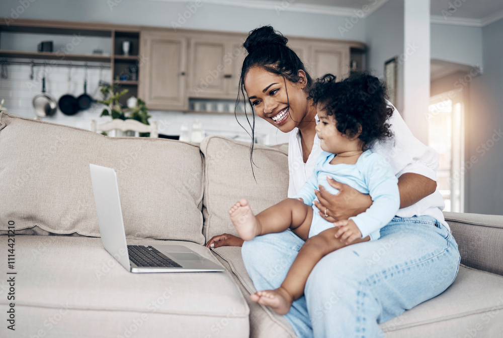 Video call, mother and children with laptop on sofa for communication, conversation and online entertainment. Woman, infant and smile with technology in home for bonding, friendly chat and connection Video call, mother and children with laptop on sofa for communication, conversation and online entertainment. Woman, infant and smile with technology in home for bonding, friendly chat and connection