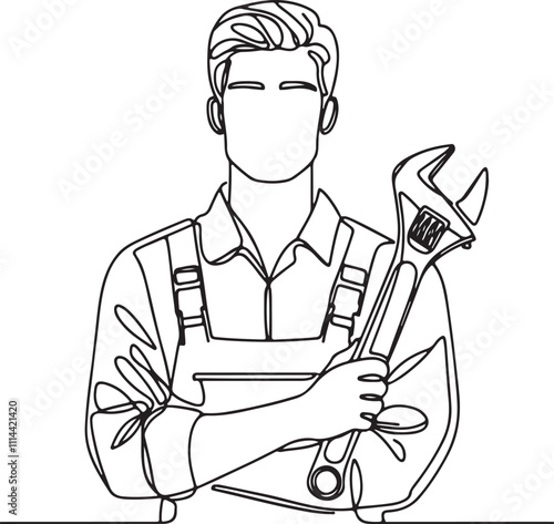 Line Drawing of a Young Male Mechanic Holding Wrench