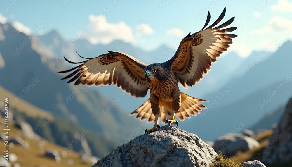 Fototapeta premium Hawk in motion perched on a rock in the mountains, showcasing its wingspan and majestic presence