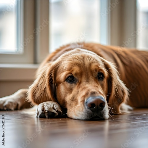 A Golden Retriever is relaxing on the wooden floor near the window.