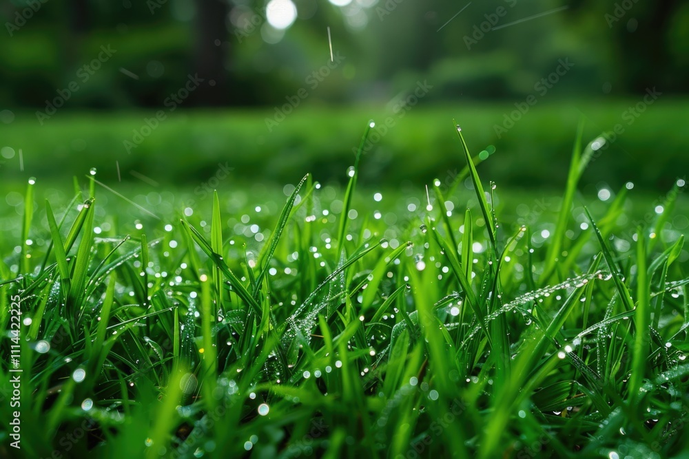 Fototapeta premium Close-up shot of a field of grass with water droplets glistening in the sunlight