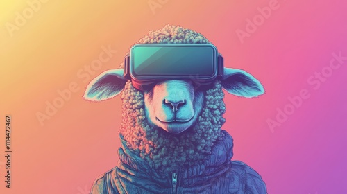 An illustration of a sheep wearing virtual reality glasses on a gradient background photo