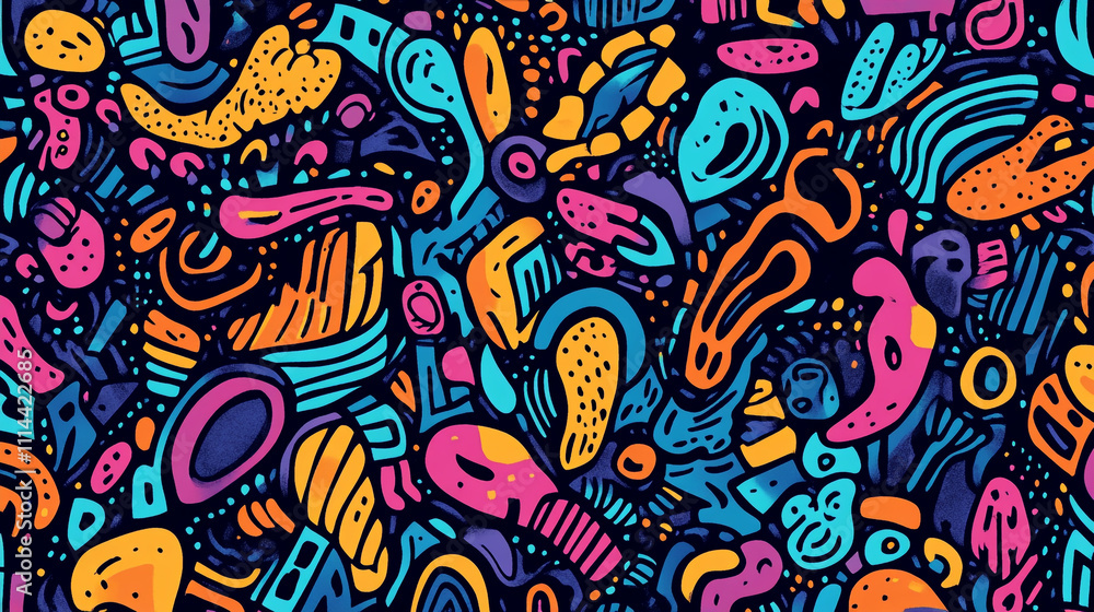 Vibrant abstract pattern with colorful shapes and lines on a dark background Vibrant abstract pattern with colorful shapes and lines on a dark background