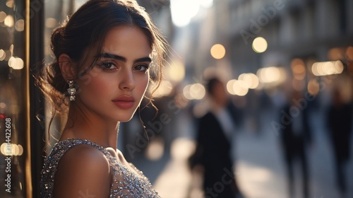 a beautiful woman walking confidently through a bustling crowd in New York City. She is wearing a stylish high fashion dress, blending modern elegance with professional flair. The busy streets, tall s