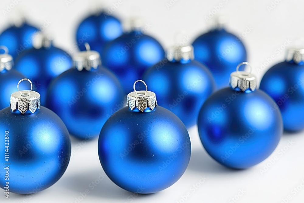 Group of blue Christmas ornaments on a white surface Group of blue Christmas ornaments on a white surface